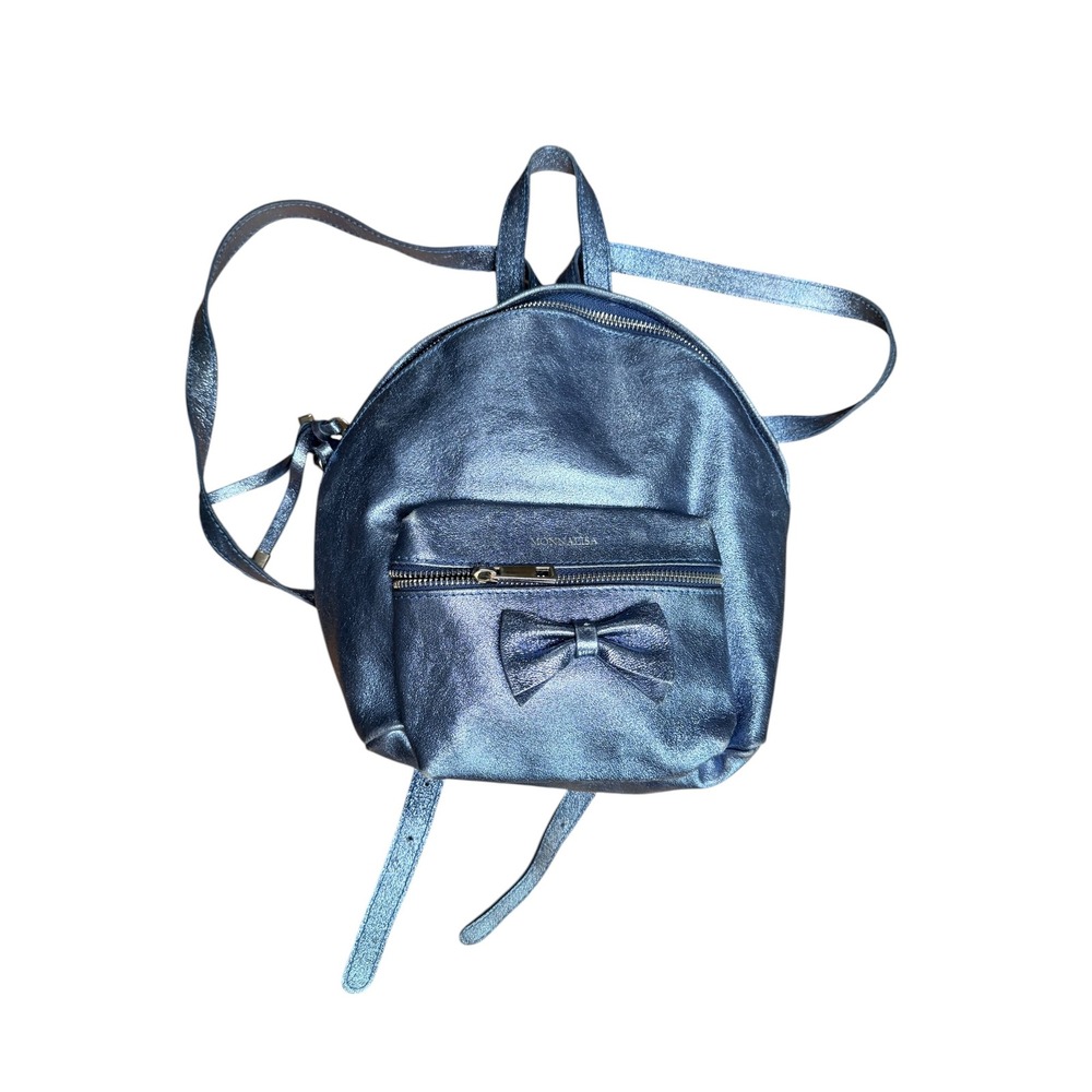 Monnalisa Monica Metallic sparkly Blue Leather Mini Backpack Bow Detail  12x9